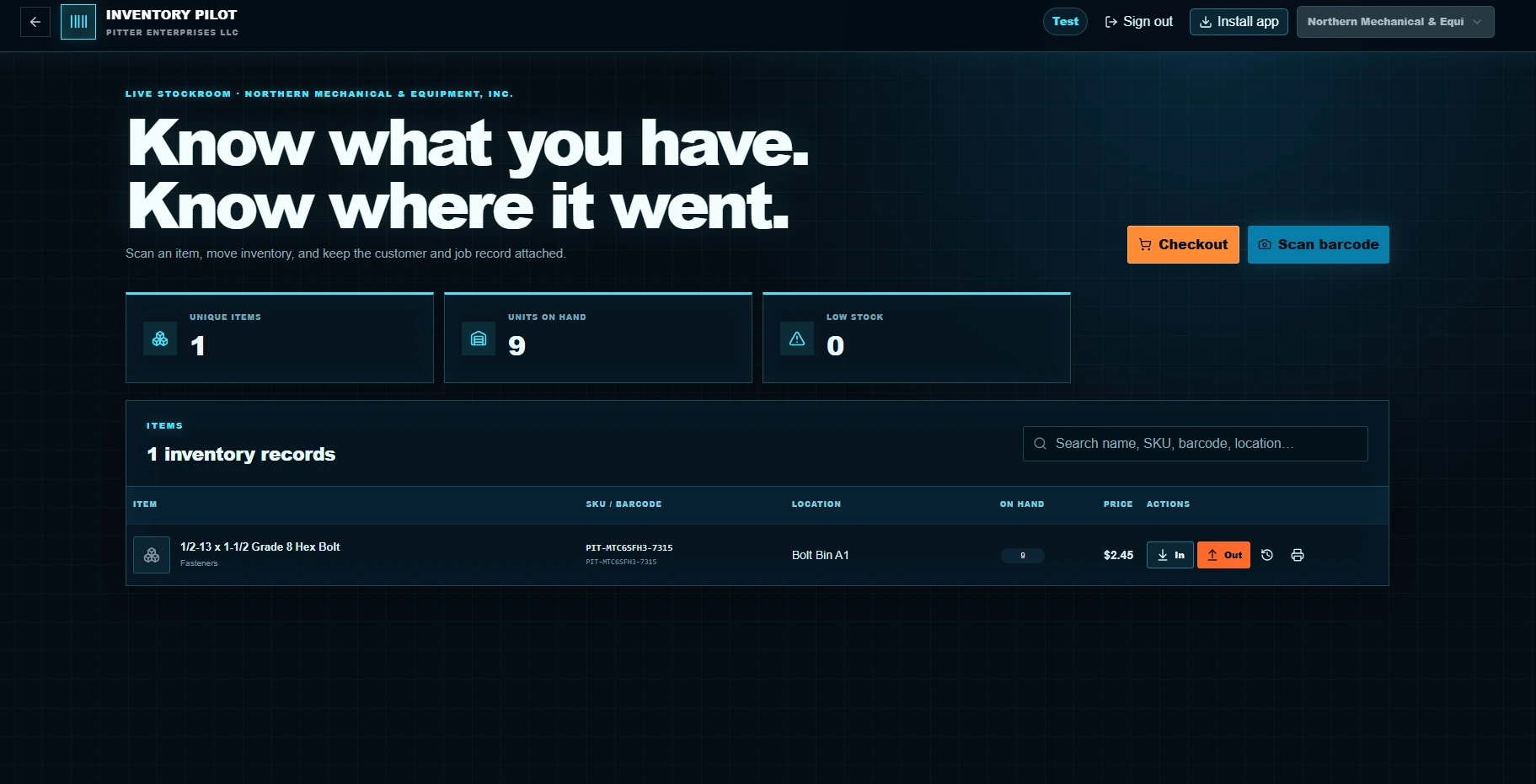 Inventory Pilot — Search inventory records, see quantities on hand and record stock movement.